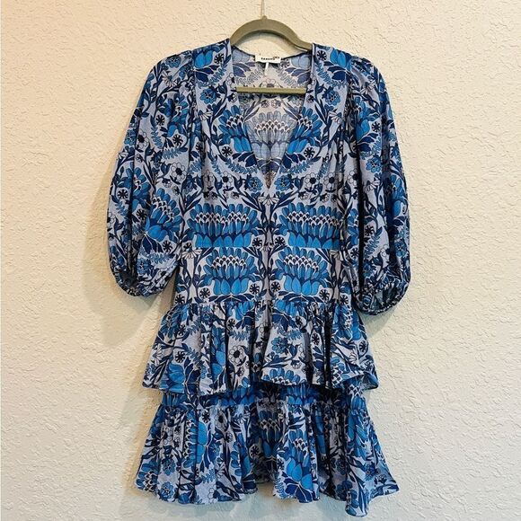 SANDRO PARIS Eyana Yana Scarf Print Blue Fit and Flare Dress Flounce 2 - Picture 8 of 16